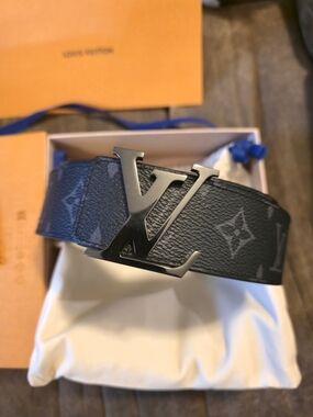 Louis Vuitton Black Monogram LV Logo Belt with Silver Buckle